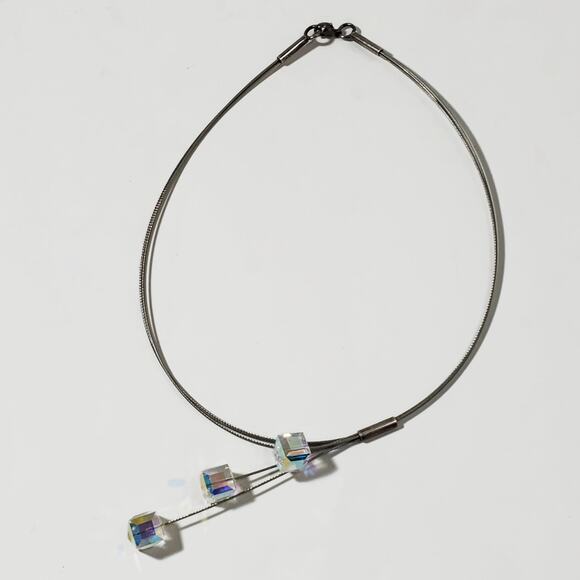 Aurora Borealis Cube Bead Floating Cable Necklace Sterling Silver Clasp - Picture 3 of 7